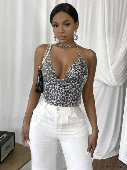 Gothic Party Club Corset Rhinestones Top Leopard silver / S