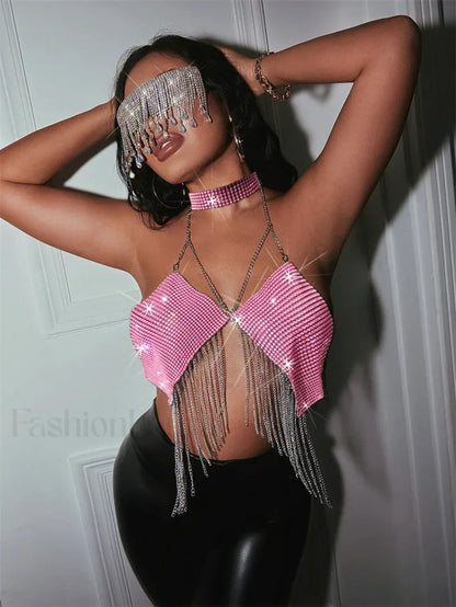 Gothic Party Club Corset Rhinestones Top pink / S