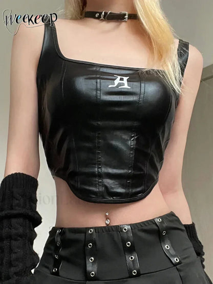 Gothic PU Top Tank Streetwear Black Crop Casual Top Black / S
