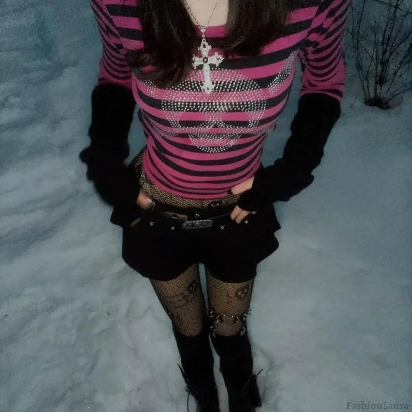 Gothic Punk Dark Academia Rhinestone Skull Striped Crop Top