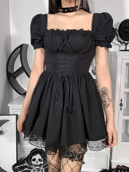 Gothic Sexy Black Y2K Harajuku Vintage Lolita Backless Mini Women Aesthetic Punk High Waist Party Dress BLACK 3 / S