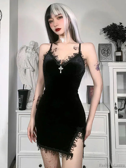 Gothic Sexy Black Y2K Harajuku Vintage Lolita Backless Mini Women Aesthetic Punk High Waist Party Dress BLACK 5 / S
