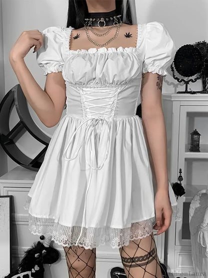Gothic Sexy Black Y2K Harajuku Vintage Lolita Backless Mini Women Aesthetic Punk High Waist Party Dress WHITE / S