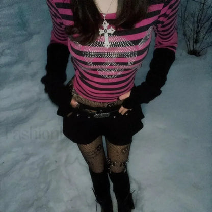 Gothic Skull Punk Crop Rhinestone Academia Striped Dark Top