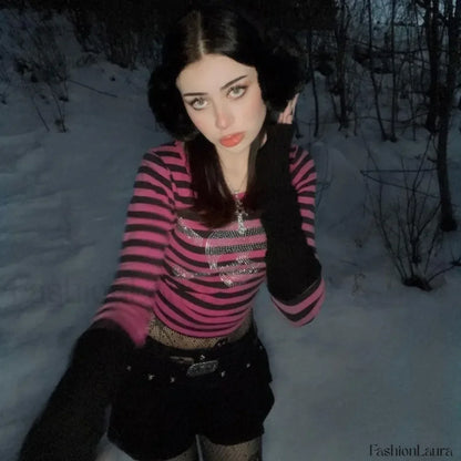 Gothic Skull Punk Crop Rhinestone Academia Striped Dark Top
