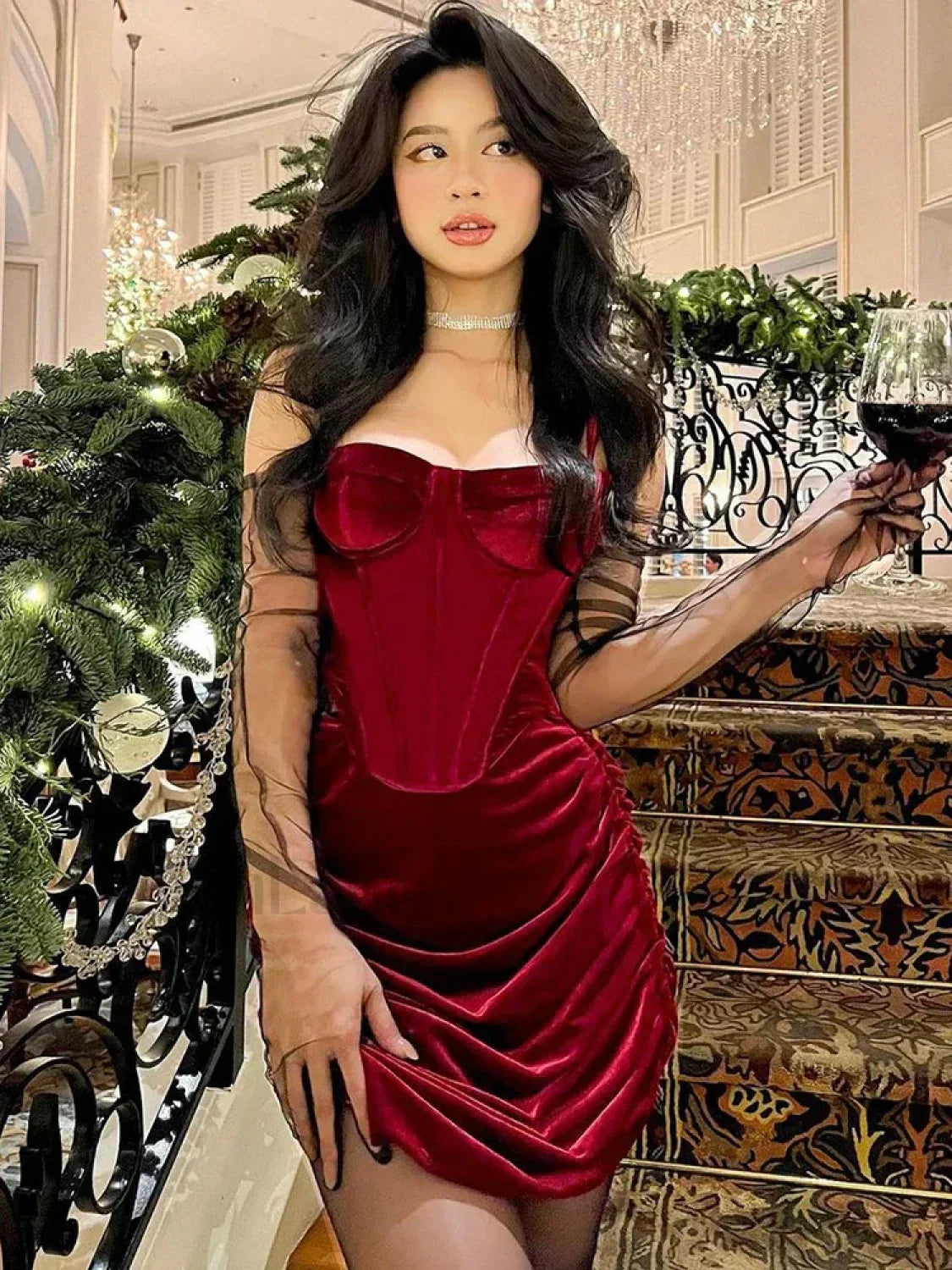 Gothic Sleeveless Velvet Emo Lolita Sexy Punk Grunge Elegant Clubwear Mini Dress Red / XS
