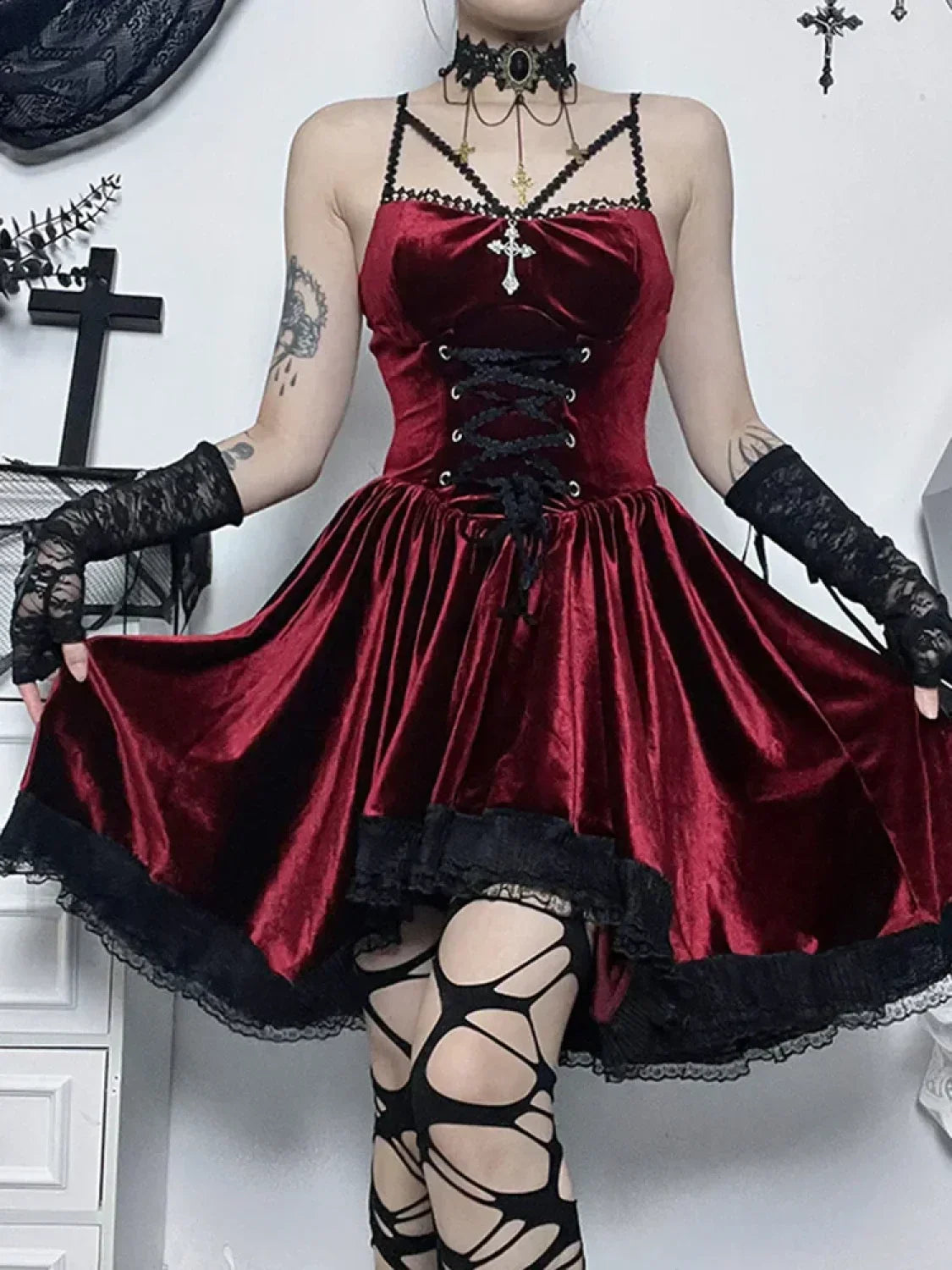 Gothic Strap Casual Spaghetti Up Vintage Lace Bodycon Velvet Cami Romantic Dress