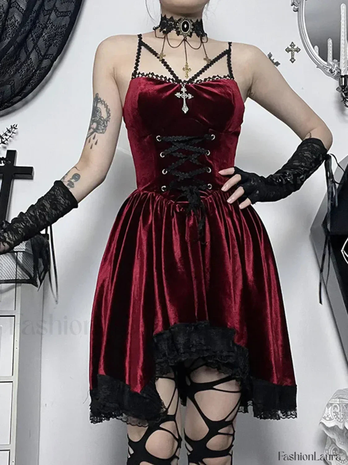 Gothic Strap Casual Spaghetti Up Vintage Lace Bodycon Velvet Cami Romantic Dress