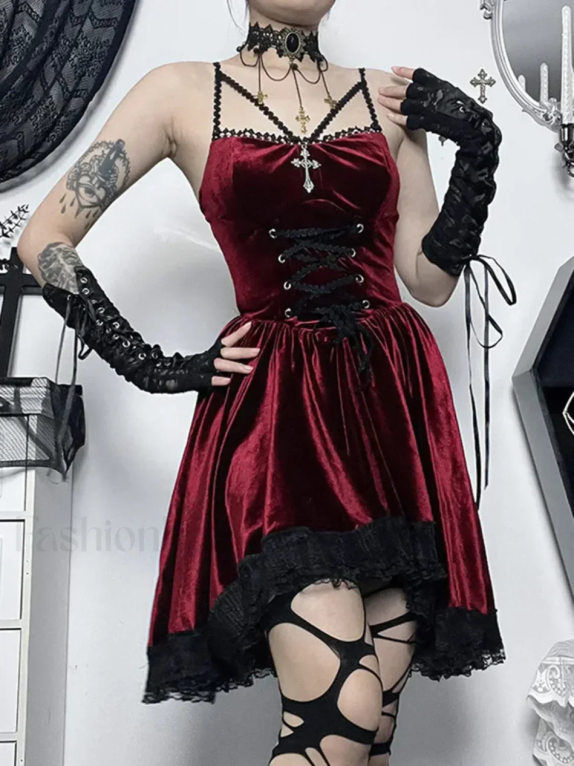 Gothic Strap Casual Spaghetti Up Vintage Lace Bodycon Velvet Cami Romantic Dress
