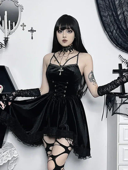Gothic Strap Casual Spaghetti Up Vintage Lace Bodycon Velvet Cami Romantic Dress Black / S
