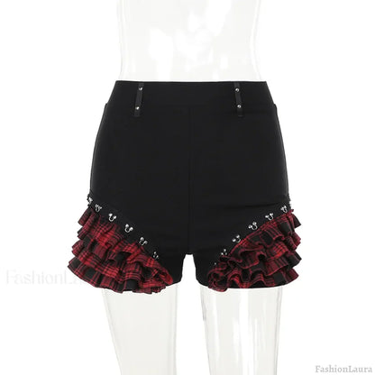 Gothic Summer 2024 New Arrival Landmine Series Plaid Patchwork Shorts Spicy Girl Halter Waist-Cinch Y2K Vest Skirt Blue