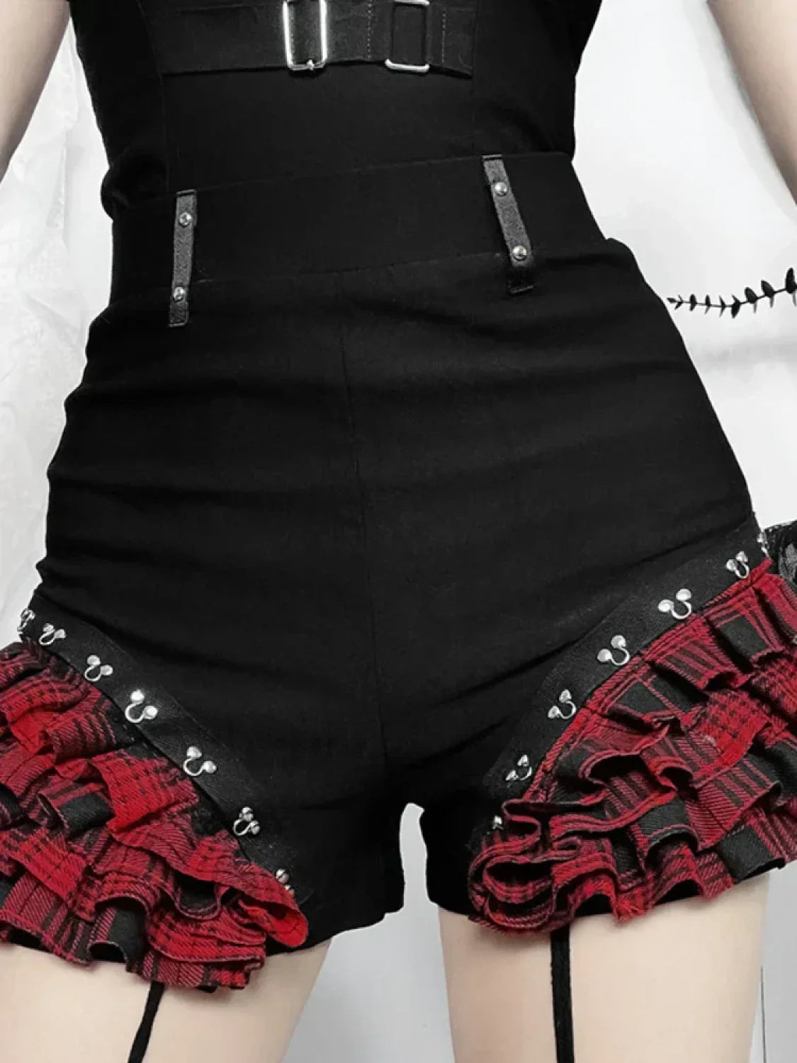 Gothic Summer 2024 Plaid Patchwork Shorts with Halter Waist Cinch