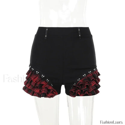 Gothic Summer 2024 Plaid Patchwork Shorts with Halter Waist Cinch Blue / S