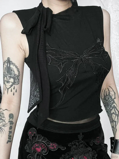 Gothic Vintage Sexy Butterfly Embroidered Lace Crop Top Beige / XS