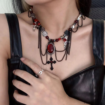 Gothic Wrapped Flower Cross Pendant Necklace RED