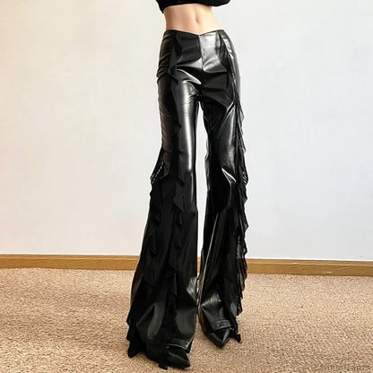 Gothic Zip Women Casual Flare Pants Faux PU Mesh Pants Black / S