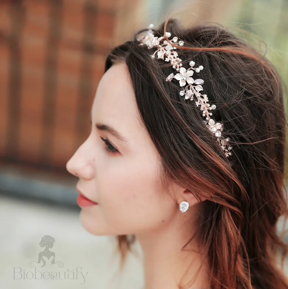 Gracelynn Rose Gold Bridal Headband With Swarovski Pearl And Opal