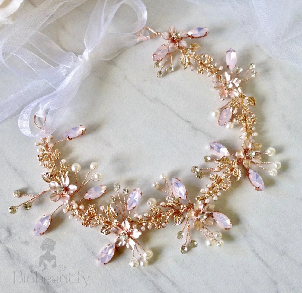 Gracelynn Rose Gold Bridal Headband With Swarovski Pearl And Opal