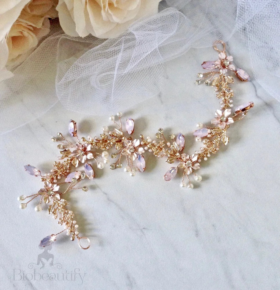 Gracelynn Rose Gold Bridal Headband With Swarovski Pearl And Opal