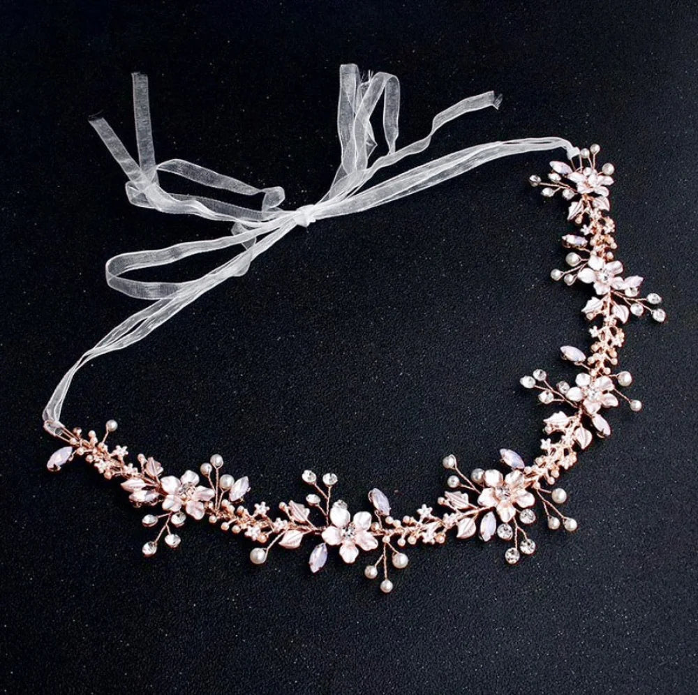 Gracelynn Rose Gold Bridal Headband With Swarovski Pearl And Opal