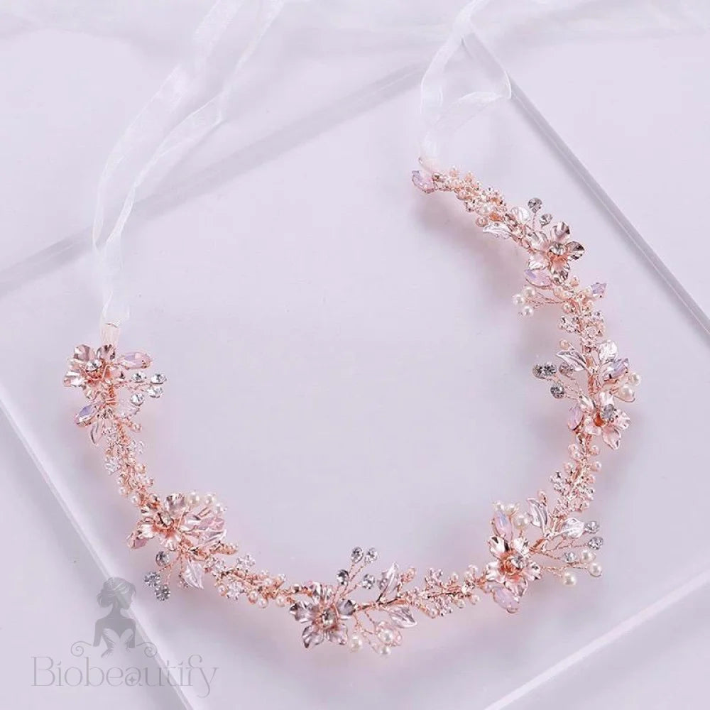 Gracelynn Rose Gold Bridal Headband With Swarovski Pearl And Opal