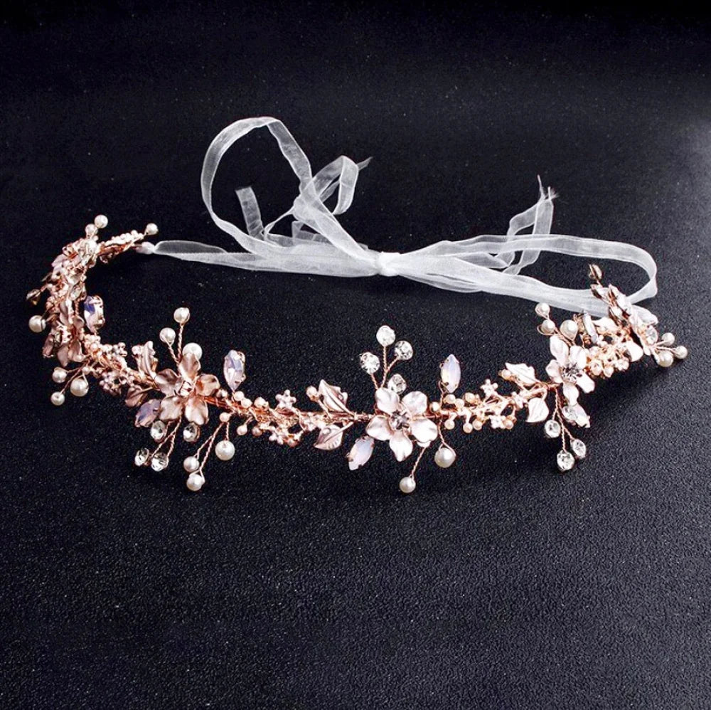 Gracelynn Rose Gold Bridal Headband With Swarovski Pearl And Opal