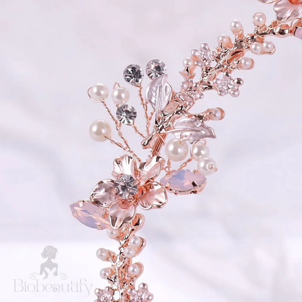 Gracelynn Rose Gold Bridal Headband With Swarovski Pearl And Opal