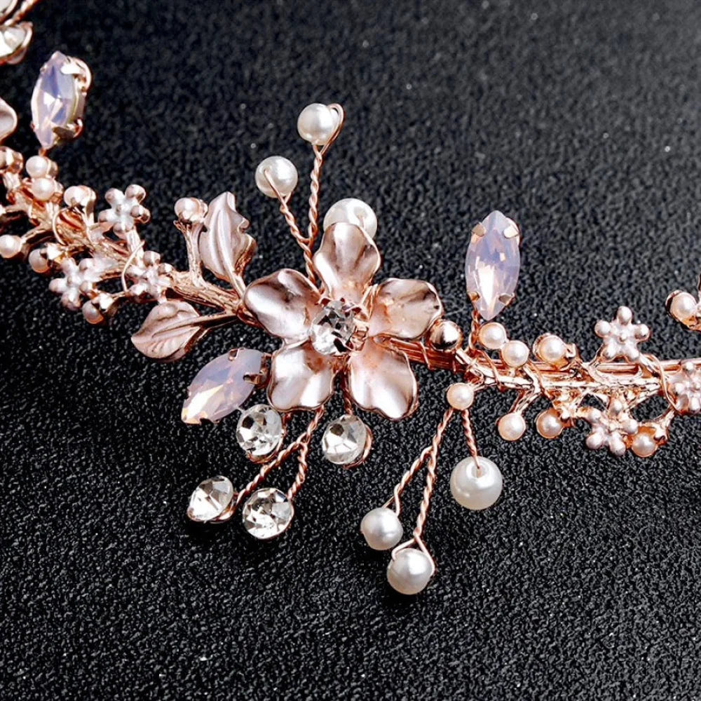 Gracelynn Rose Gold Bridal Headband With Swarovski Pearl And Opal