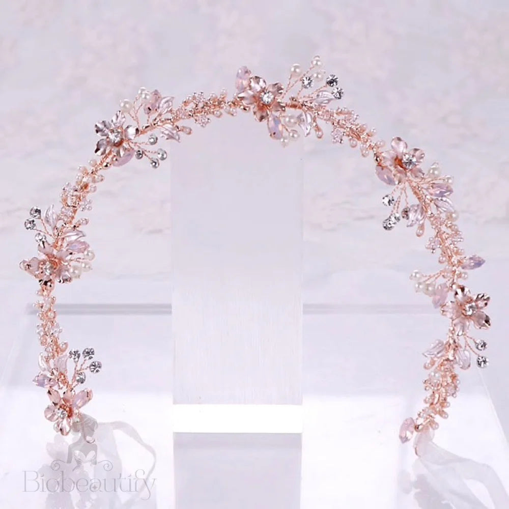 Gracelynn Rose Gold Bridal Headband With Swarovski Pearl And Opal