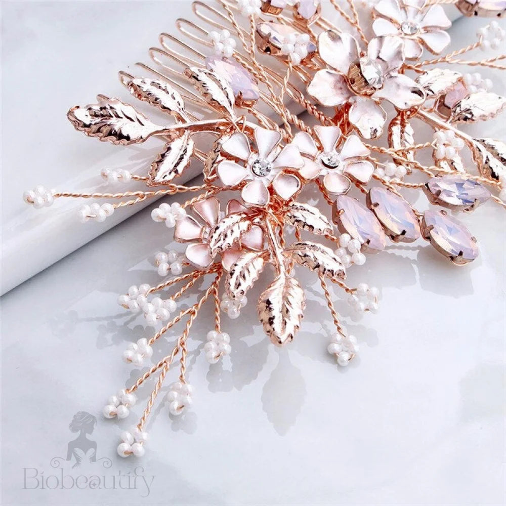 Gracelynn Rose Gold Pearl And Opal Bridal Hair Comb