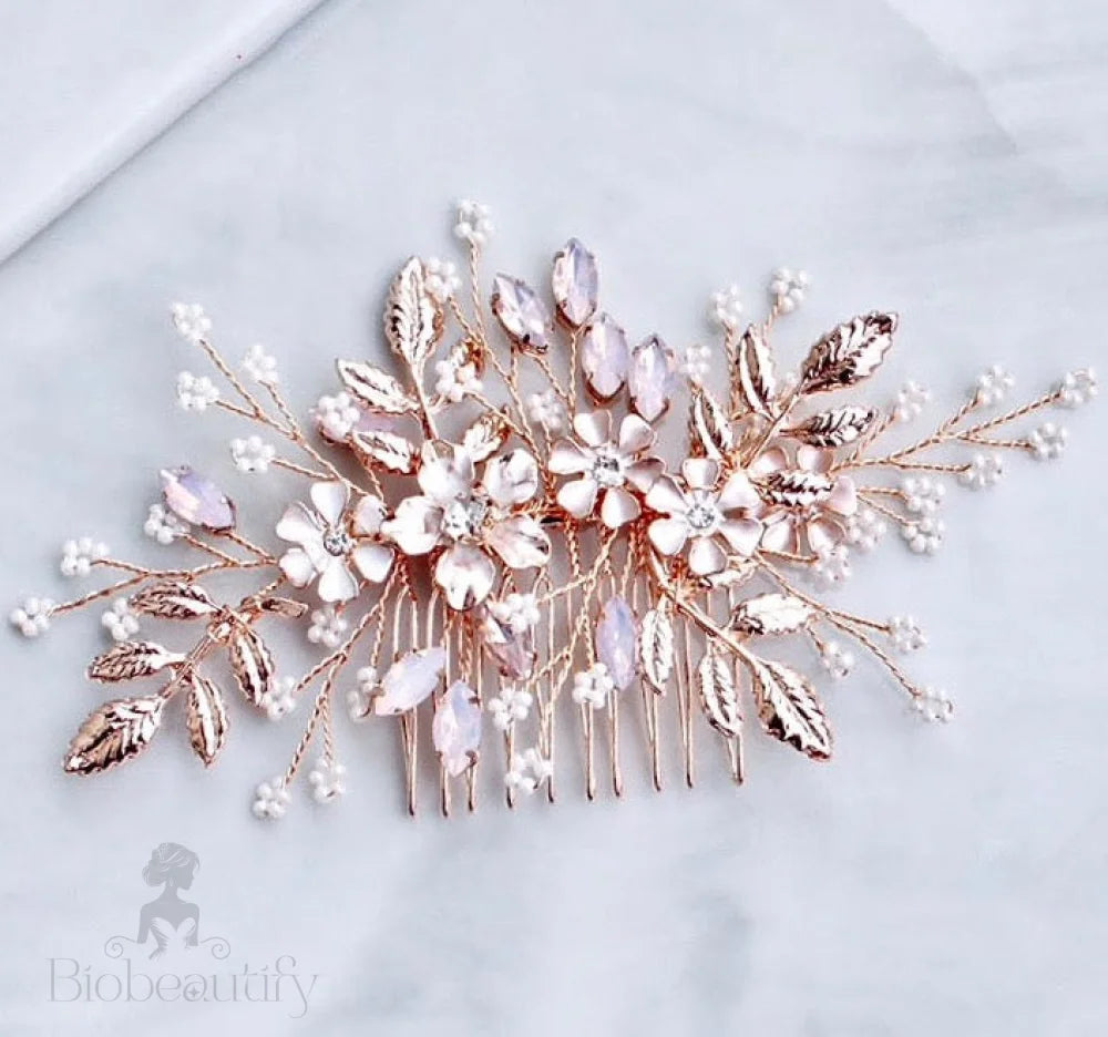 Gracelynn Rose Gold Pearl And Opal Bridal Hair Comb