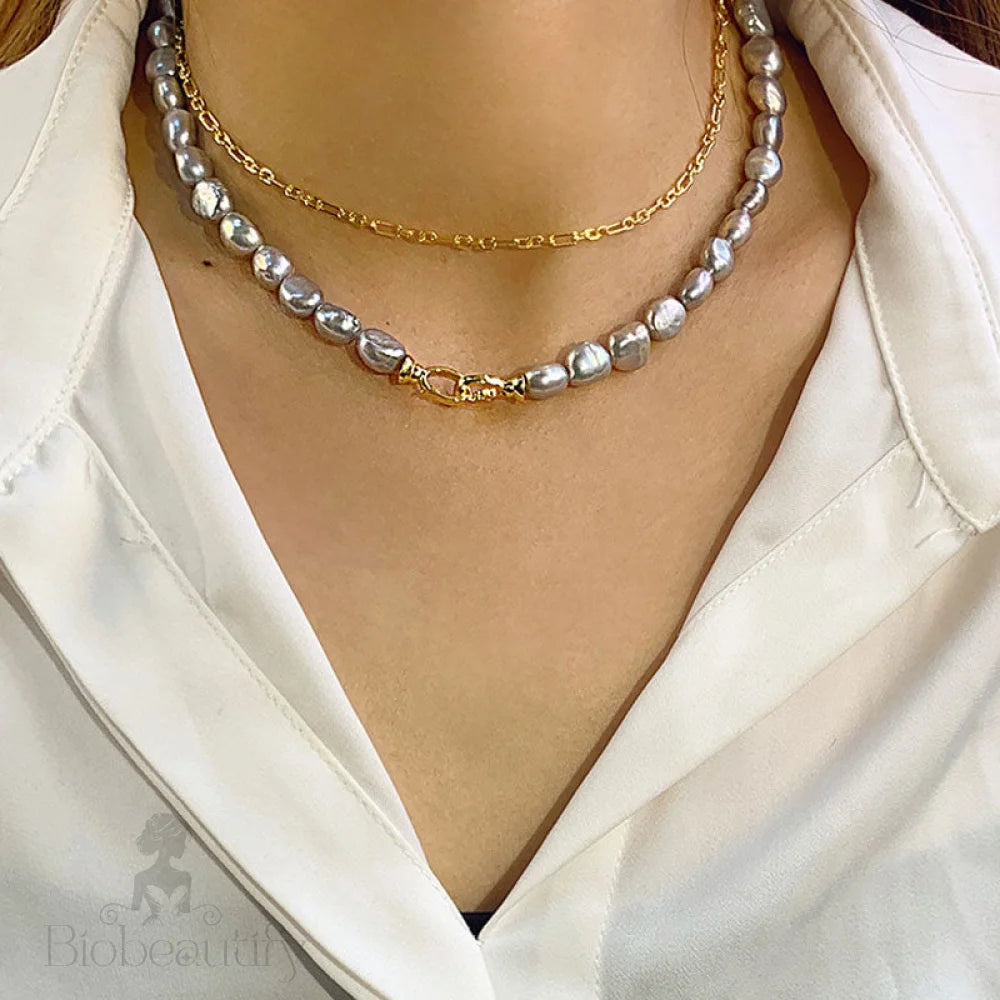 Gray Baroque Freshwater Pearl Choker Necklace With Double Clasp And Two Tone Design