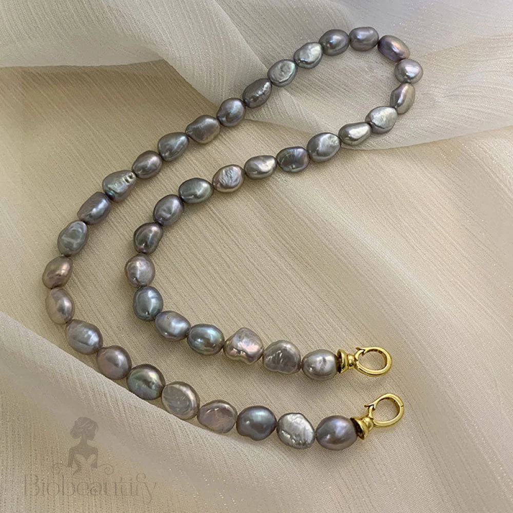 Gray Baroque Freshwater Pearl Choker Necklace With Double Clasp And Two Tone Design