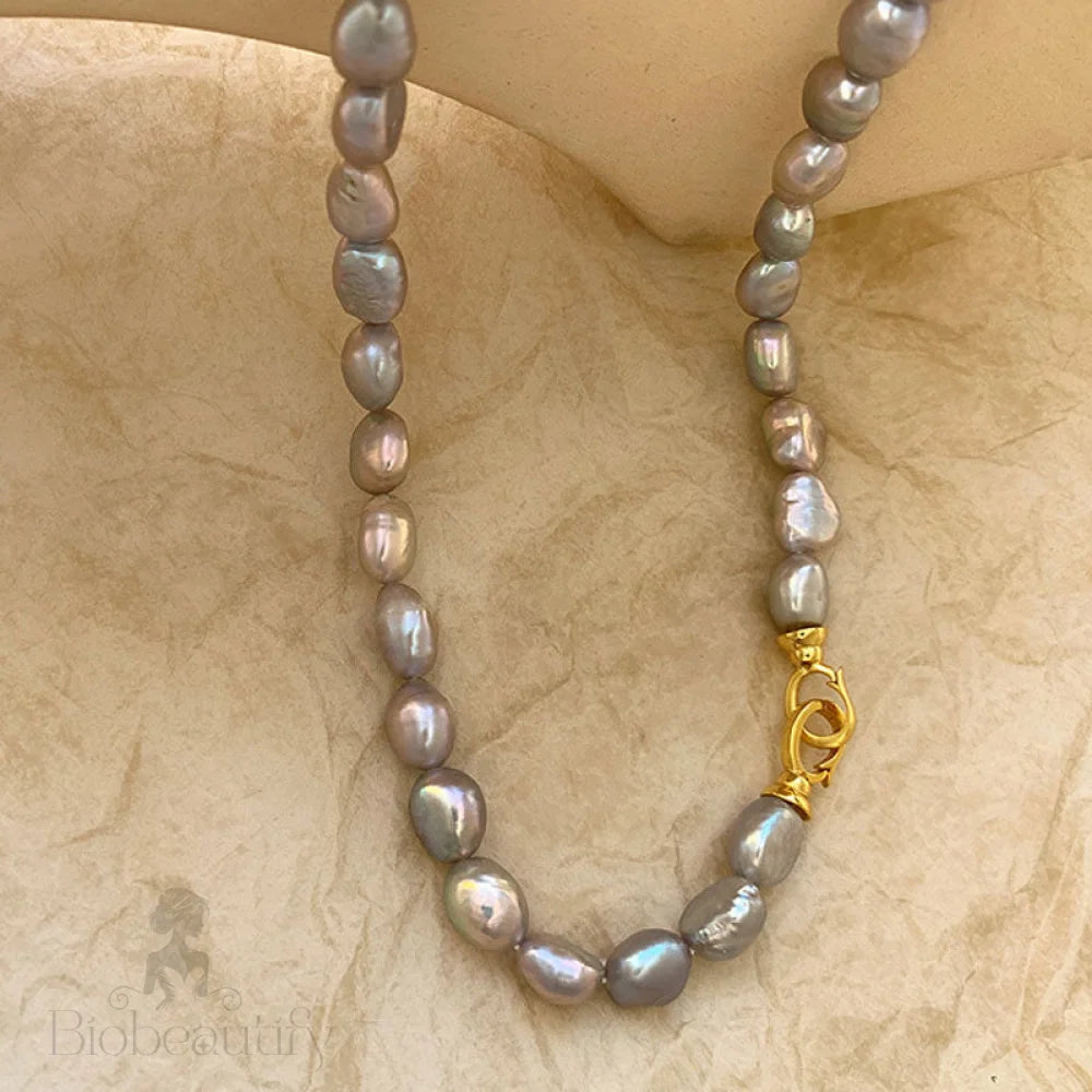 Gray Baroque Freshwater Pearl Choker Necklace With Double Clasp And Two Tone Design