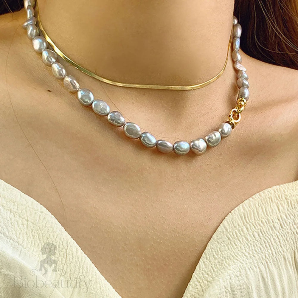 Gray Baroque Freshwater Pearl Choker Necklace With Double Clasp And Two Tone Design