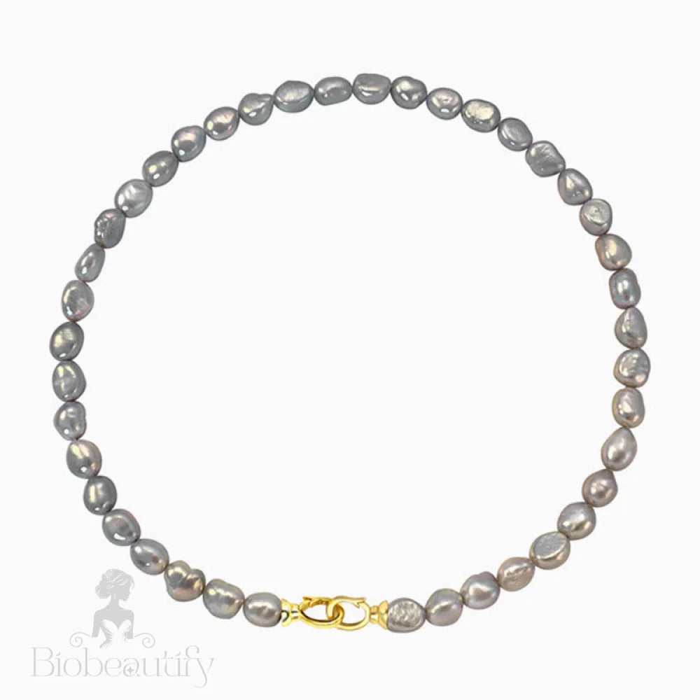 Gray Baroque Freshwater Pearl Choker Necklace With Double Clasp And Two Tone Design Gold / One Size