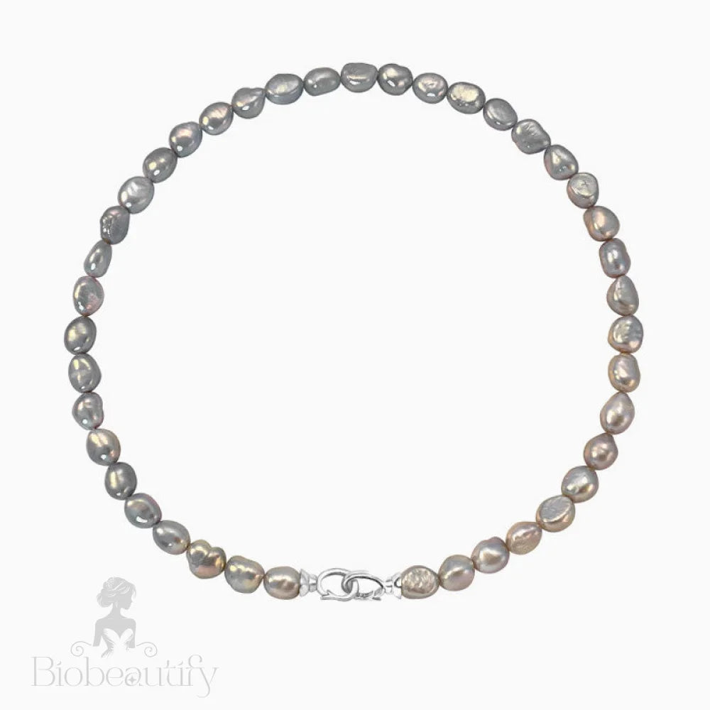 Gray Baroque Freshwater Pearl Choker Necklace With Double Clasp And Two Tone Design Silver / One