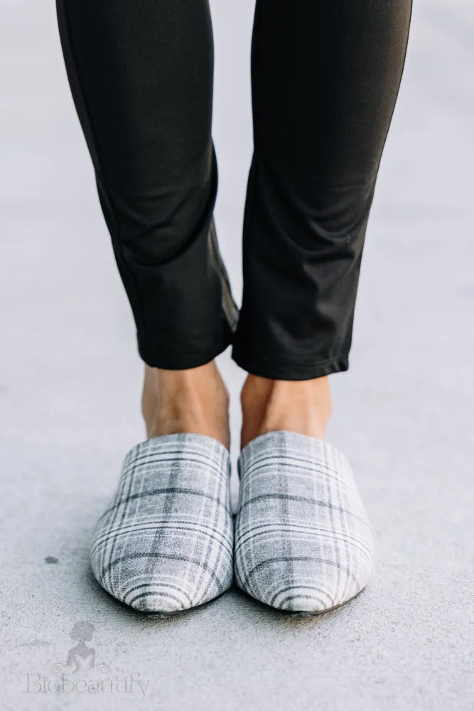 Gray Plaid Mule Flats 6 /