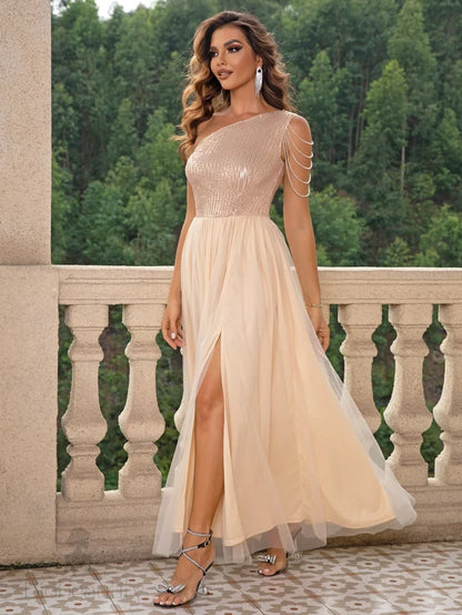 Grecia One Shoulder Sequin Rhinestone Mesh Gown