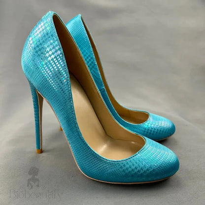 Green Blue Snakeskin Slip On High Heel Shoes For Women