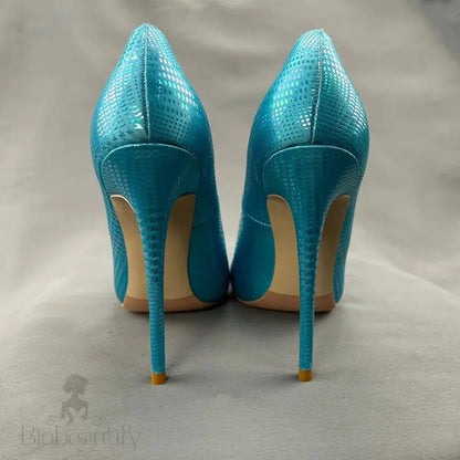 Green Blue Snakeskin Slip On High Heel Shoes For Women