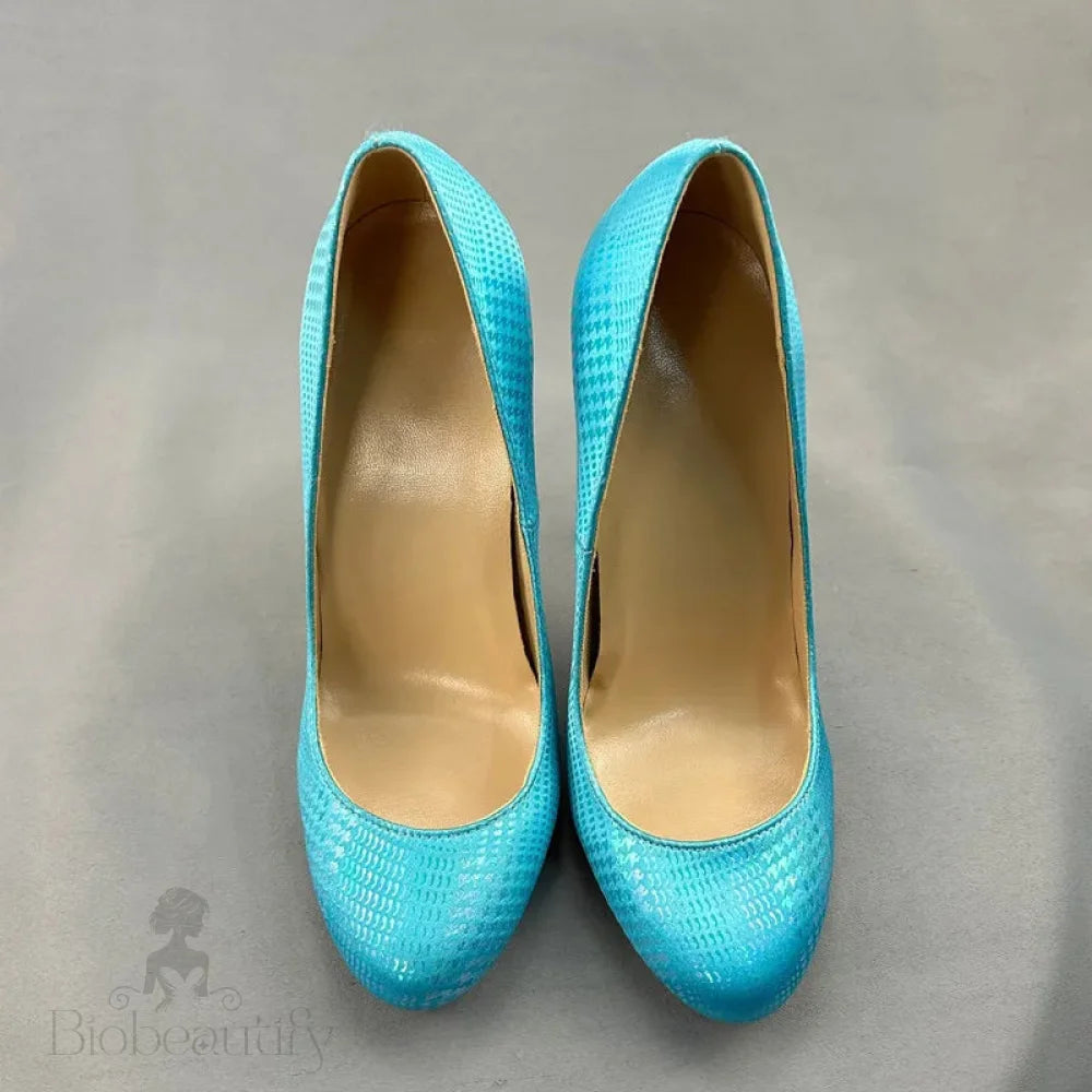 Green Blue Snakeskin Slip On High Heel Shoes For Women