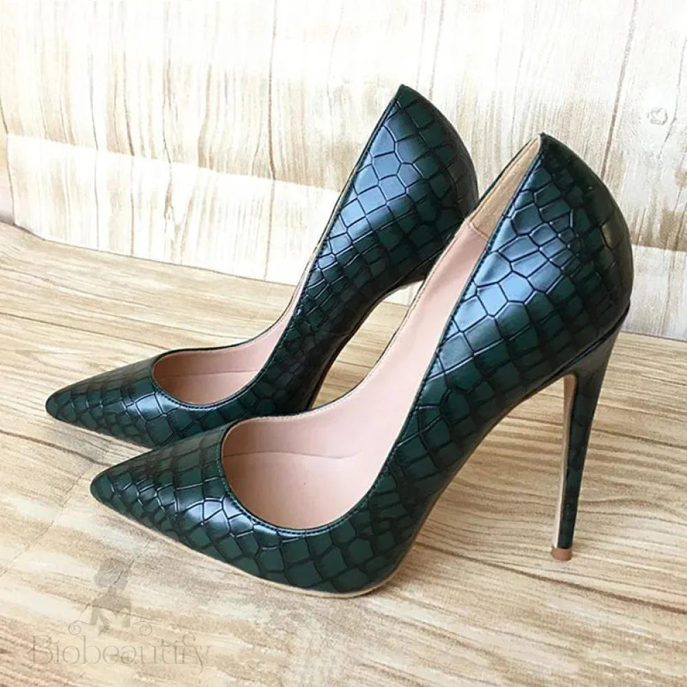 Green Croc-Effect Embossed Pattern Women Pointed Toe High Heels