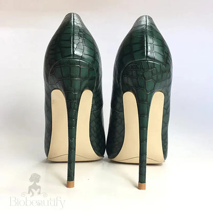 Green Croc-Effect Embossed Pattern Women Pointed Toe High Heels