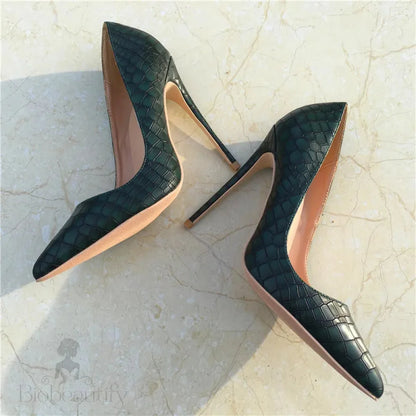 Green Croc-Effect Embossed Pattern Women Pointed Toe High Heels