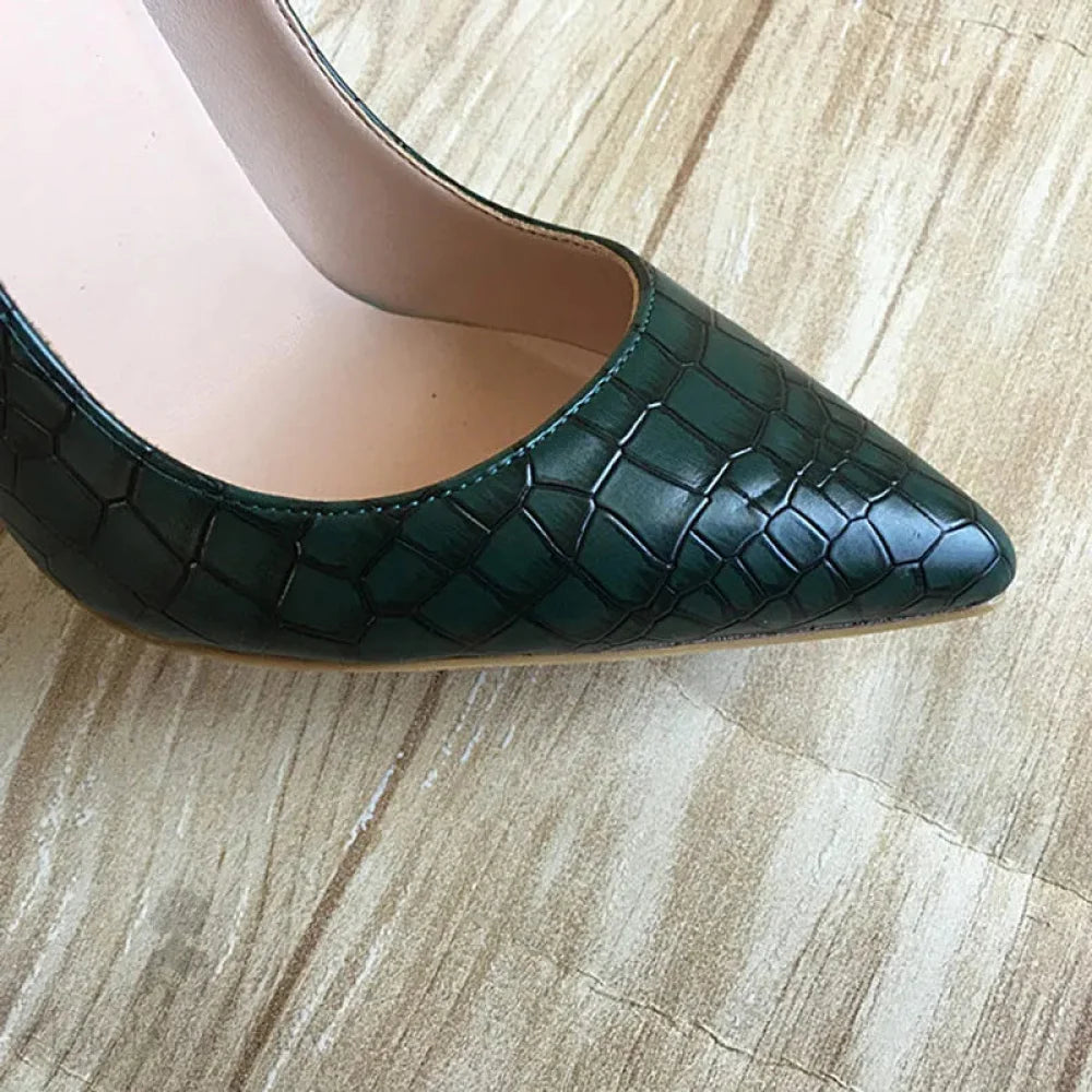 Green Croc-Effect Embossed Pattern Women Pointed Toe High Heels