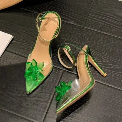 Green Crystal Flower Women Pumps With Sexy Pointed Toe High Heels