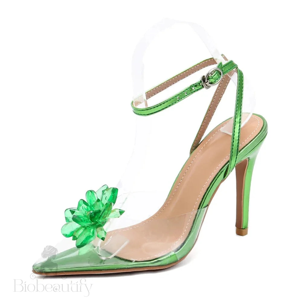 Green Crystal Flower Women Pumps With Sexy Pointed Toe High Heels