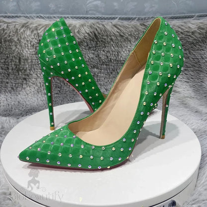 Green Flock Fabric Plaid Pointy Toe High Heel Shoes With Rhinestones For Women