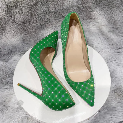 Green Flock Fabric Plaid Pointy Toe High Heel Shoes With Rhinestones For Women